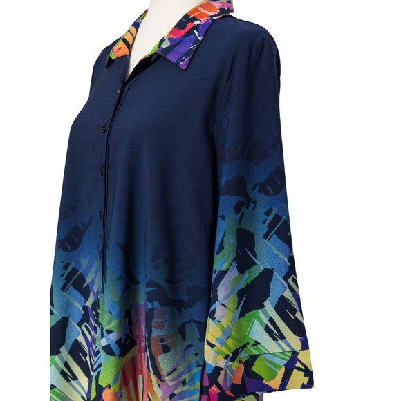 Women's Chiffon Shirt Flowy Blouse Abstract Navy Size M 3/4 Sleeve NWT Klaveli - Picture 4 of 7